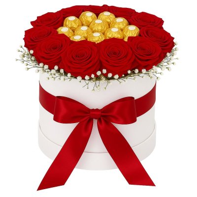 Dozen Roses & Ferrero Hatbox Dozen Roses & Ferrero Hatbox