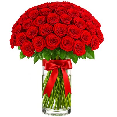 50 Red Roses in Glass Vase